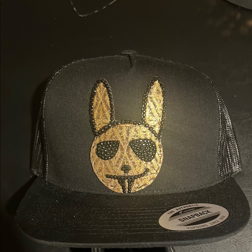 Black Snapback Hat with Gold Bunny Design